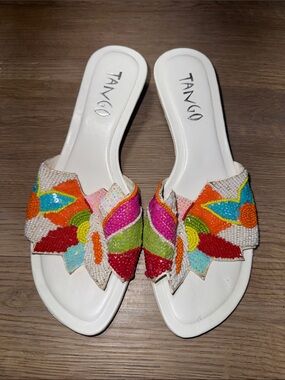 TANGO White Slide Sandals with Multicolor Beaded Floral Design, Kitten Heels -37